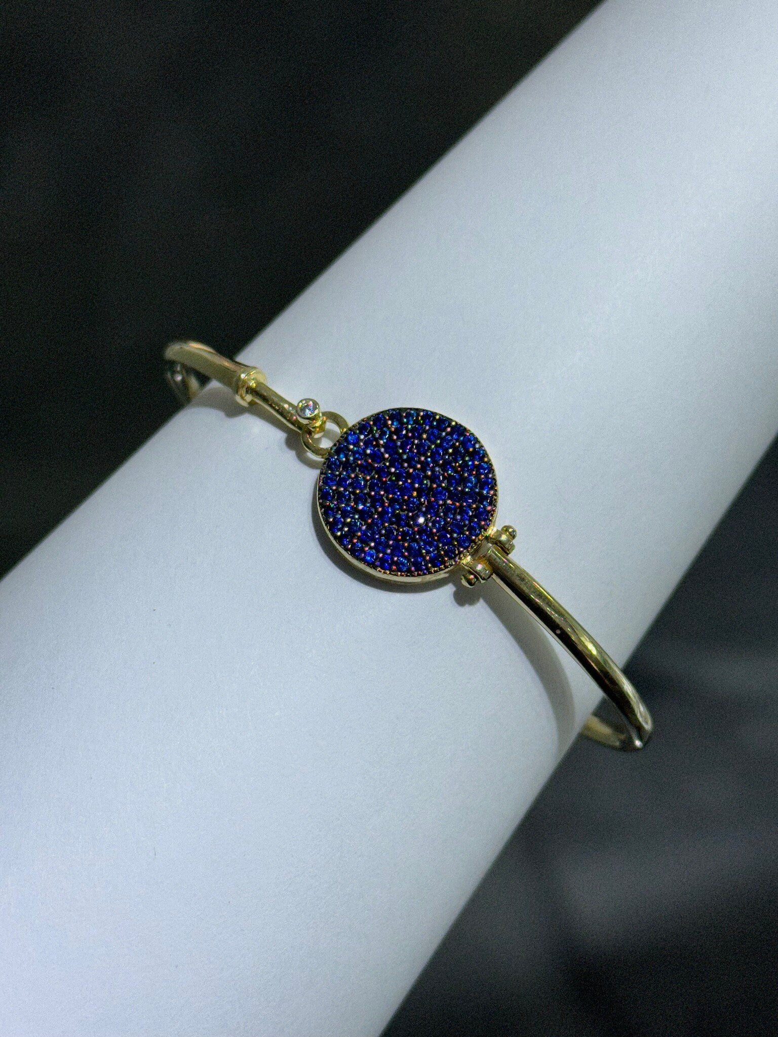 LIV 18k Yellow Gold Sterling Silver Pave Blue Sapphire Evil Eye Design Halo Hand Made Bangle Stack Bracelet Gift