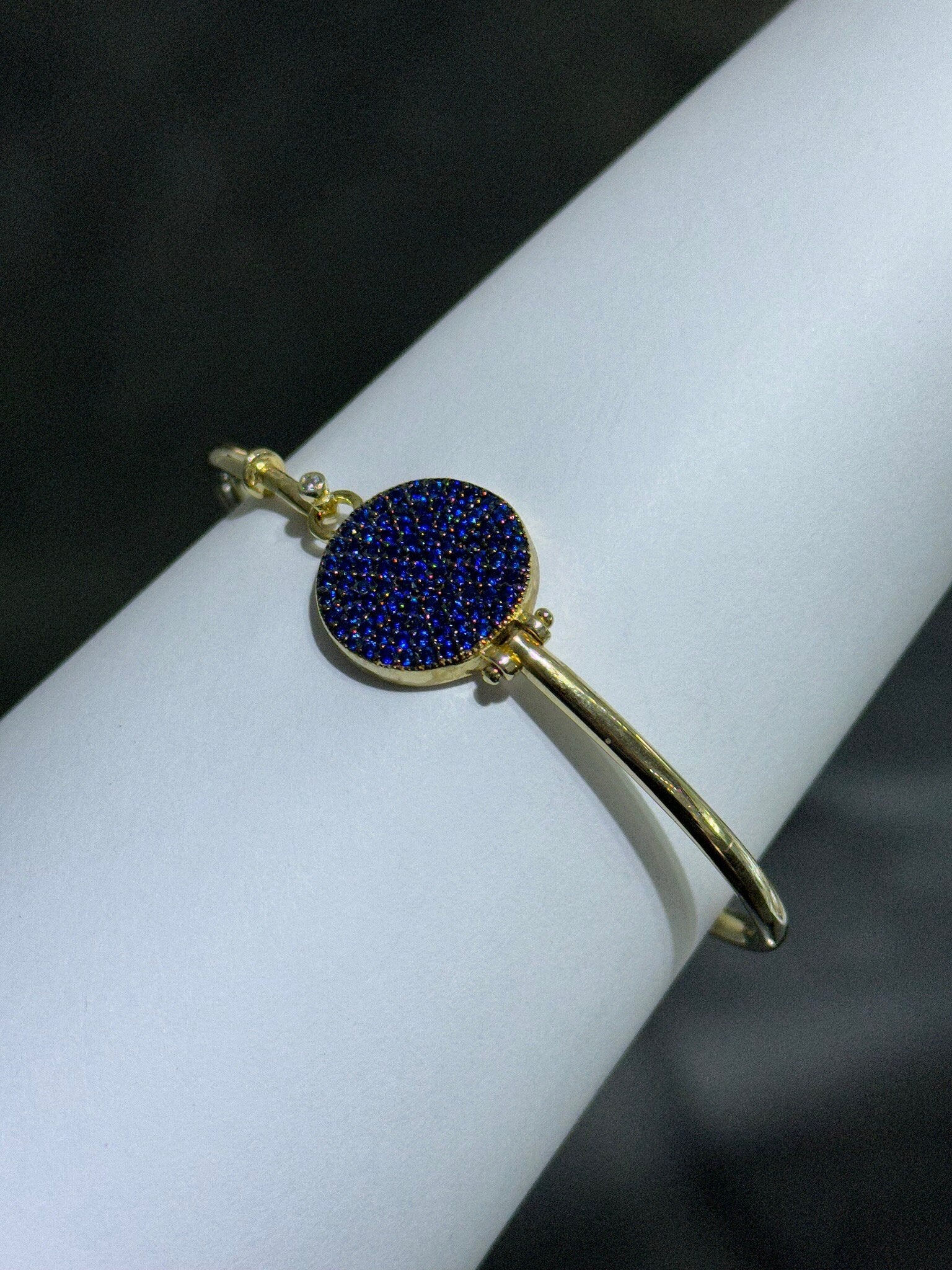 LIV 18k Yellow Gold Sterling Silver Pave Blue Sapphire Evil Eye Design Halo Hand Made Bangle Stack Bracelet Gift