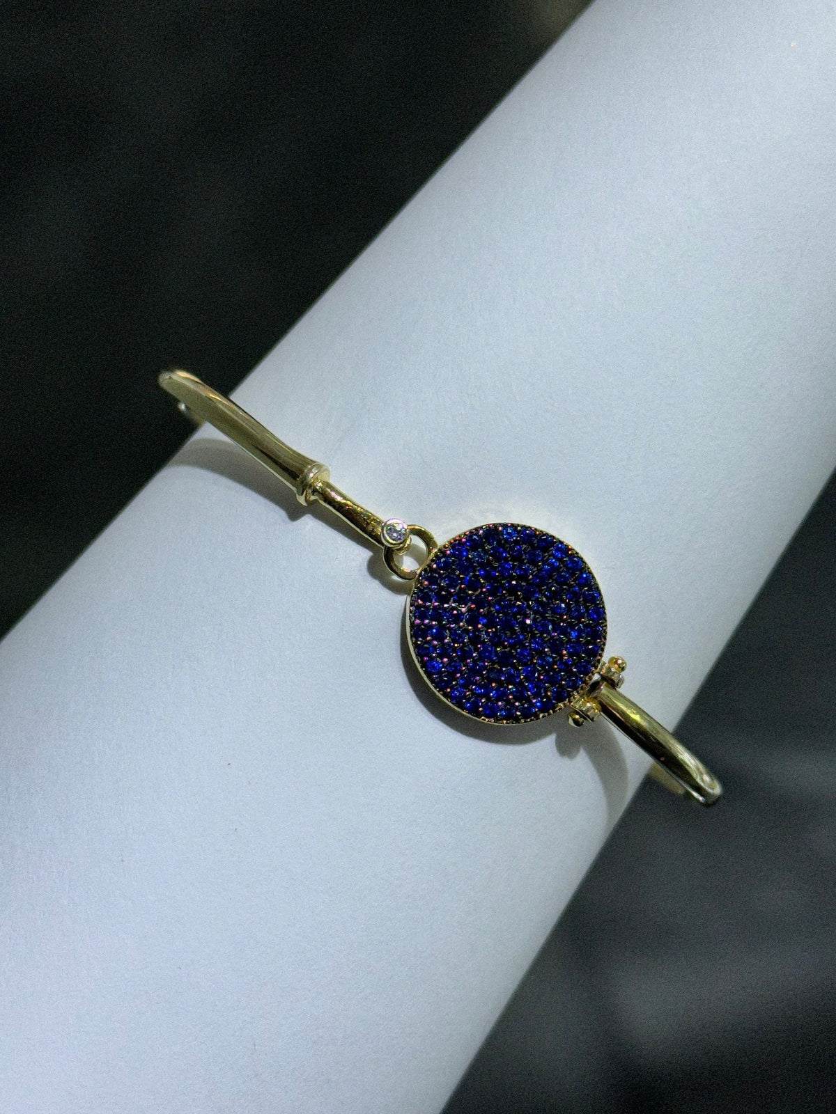 LIV 18k Yellow Gold Sterling Silver Pave Blue Sapphire Evil Eye Design Halo Hand Made Bangle Stack Bracelet Gift