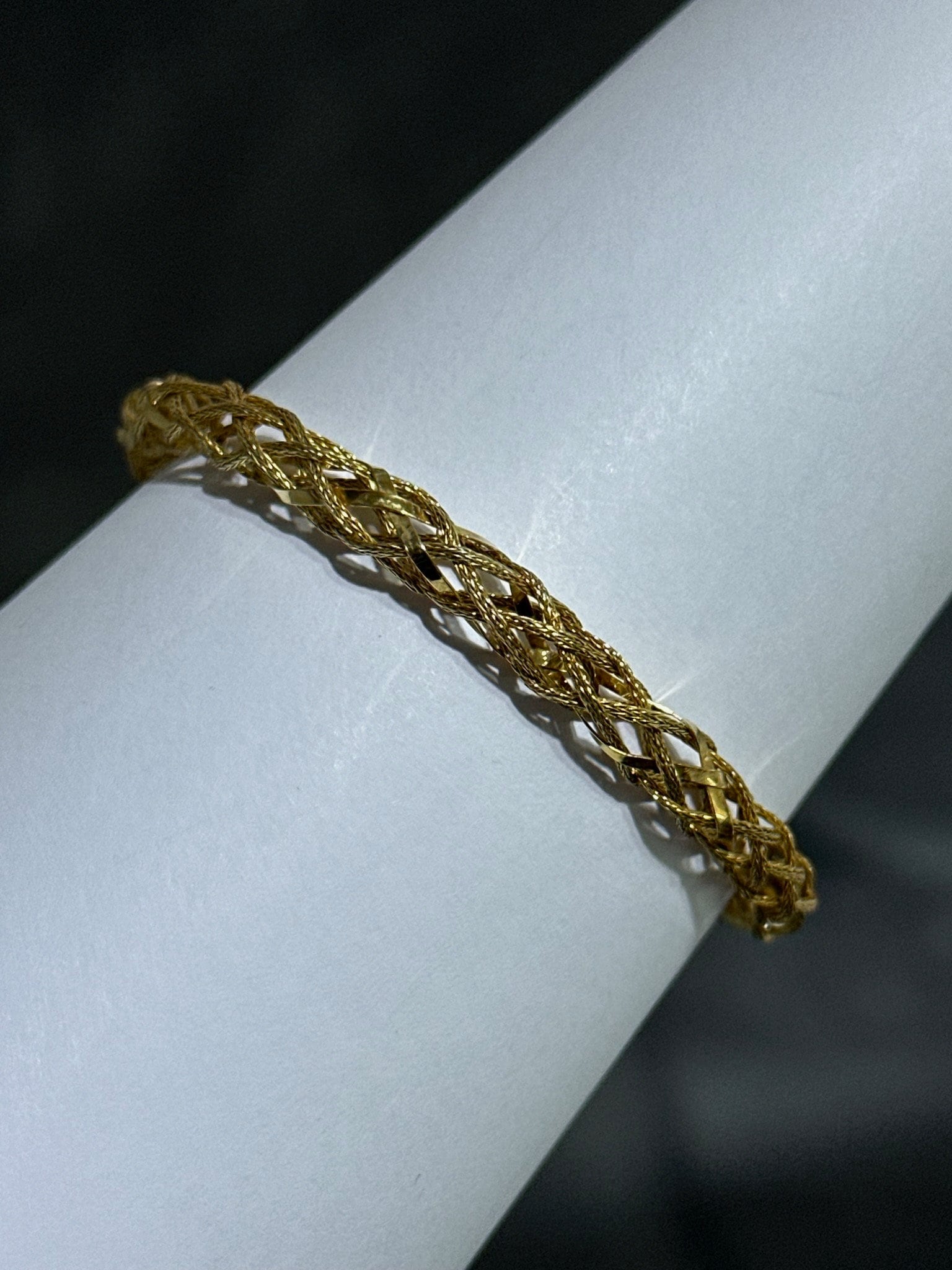 LIV 18k Yellow Gold Sterling Diamond Cut Mesh Cage Design Halo Hand Made Lobster Lock Soft Bangle Stack Bracelet Gift