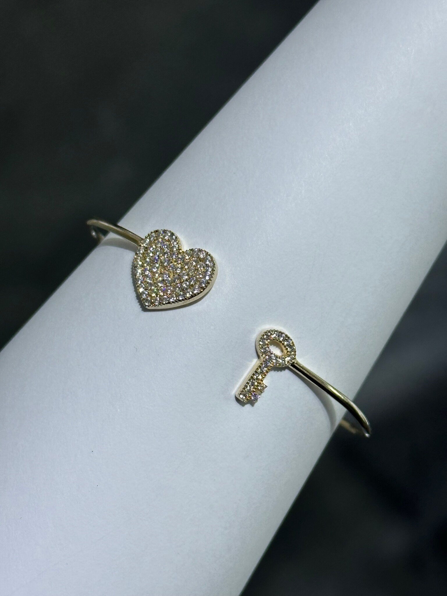 LIV 18k Yellow Gold Sterling Pave White Sapphire Heart & Key Design Hand Made Cuff Bangle Stack Bracelet Gift