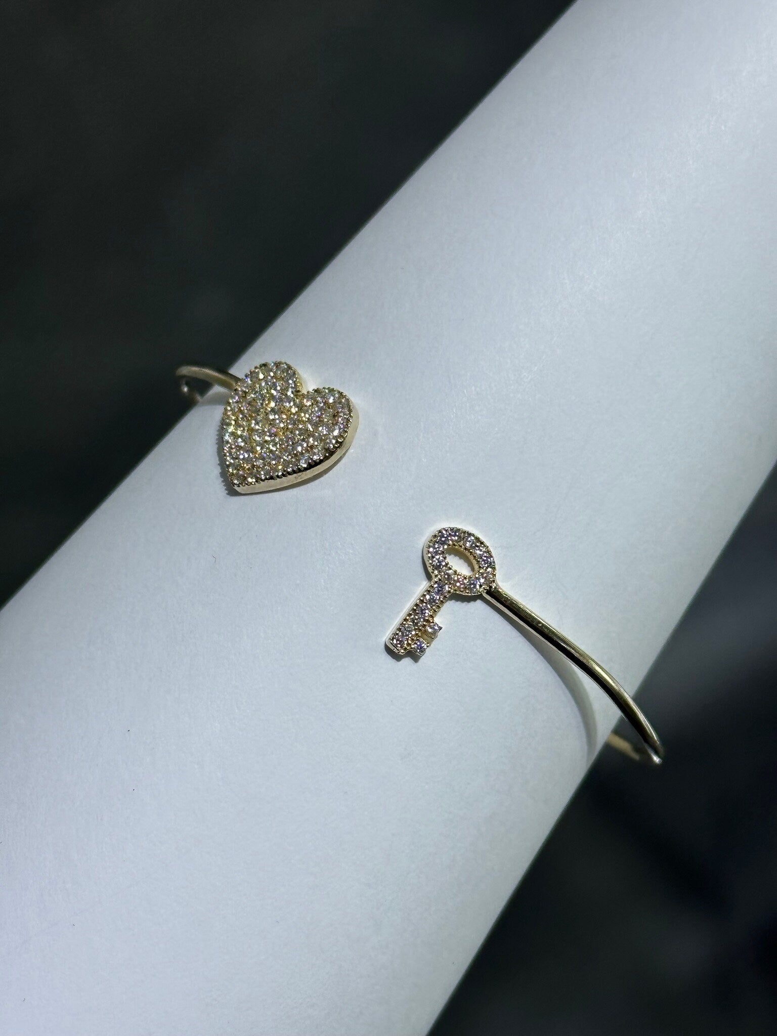 LIV 18k Yellow Gold Sterling Pave White Sapphire Heart & Key Design Hand Made Cuff Bangle Stack Bracelet Gift