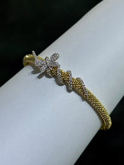 LIV 18k Yellow Gold Sterling Pave White Sapphire Diamond Cut Cable Design Hand Made Butterfly Soft Bangle Stack Bracelet Gift