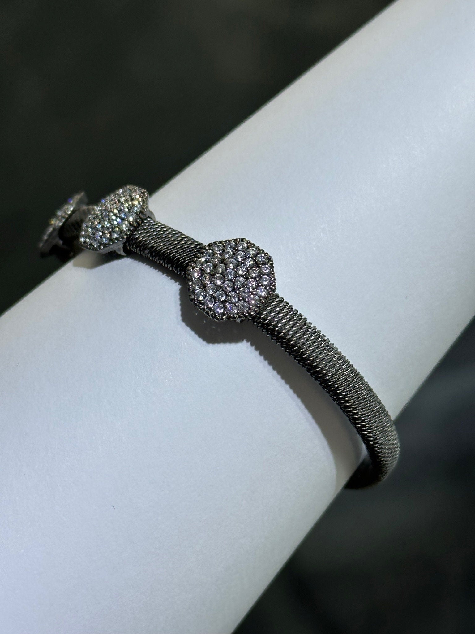 LIV 18k Black Gold Sterling Pave White Sapphire Hexagon Design Hand Made Stackable Cuff Bangle Bracelet Gift