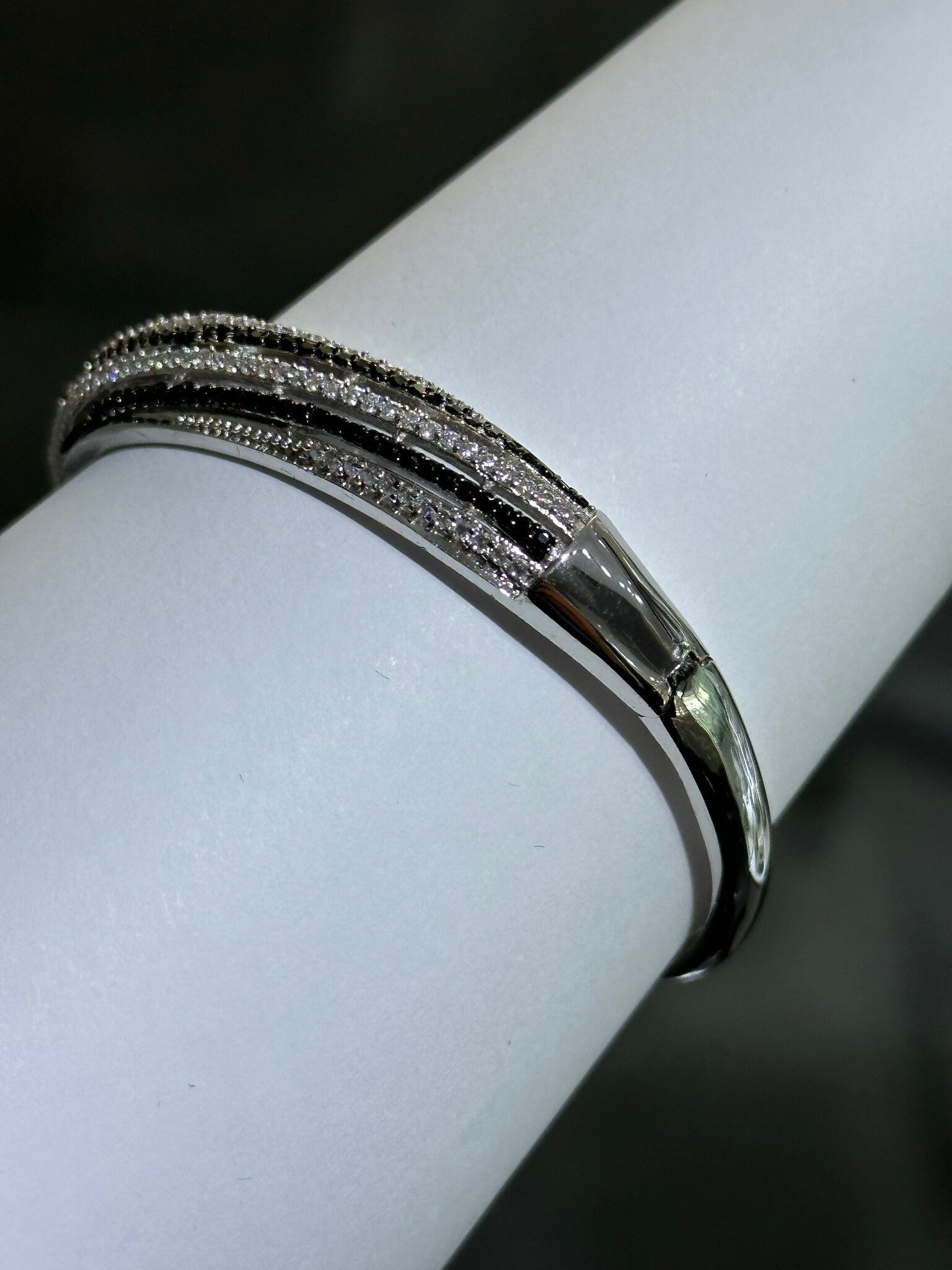 LIV Platinum Sterling Pave Black & White Sapphire Wide Design Hand Made Stackable Bangle Bracelet Gift