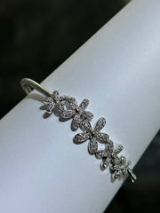 LIV Platinum Sterling Silver Pave White Sapphire Flower Design Hand Made Stackable Cuff Bangle Bracelet Gift