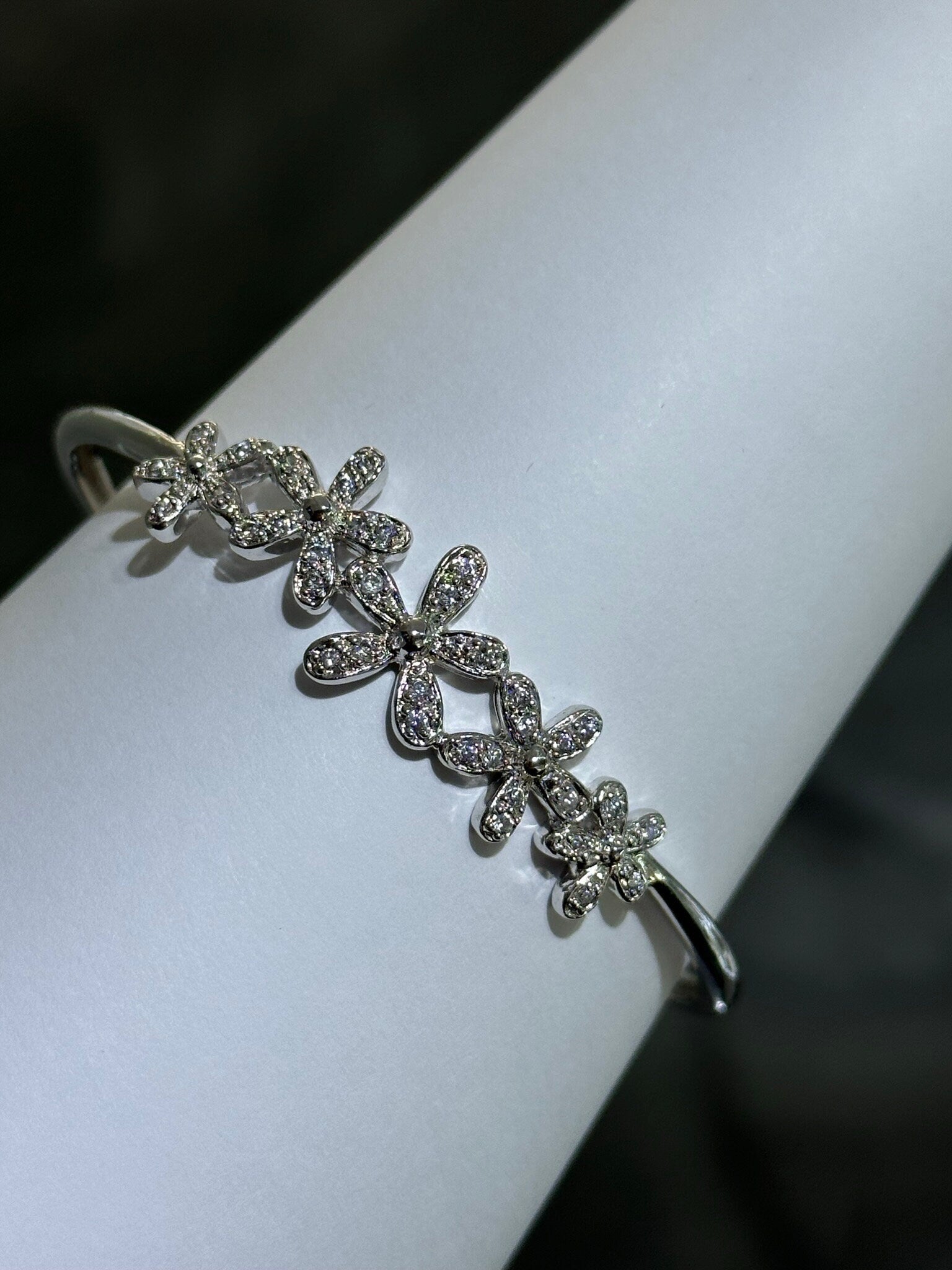 LIV Platinum Sterling Silver Pave White Sapphire Flower Design Hand Made Stackable Cuff Bangle Bracelet Gift