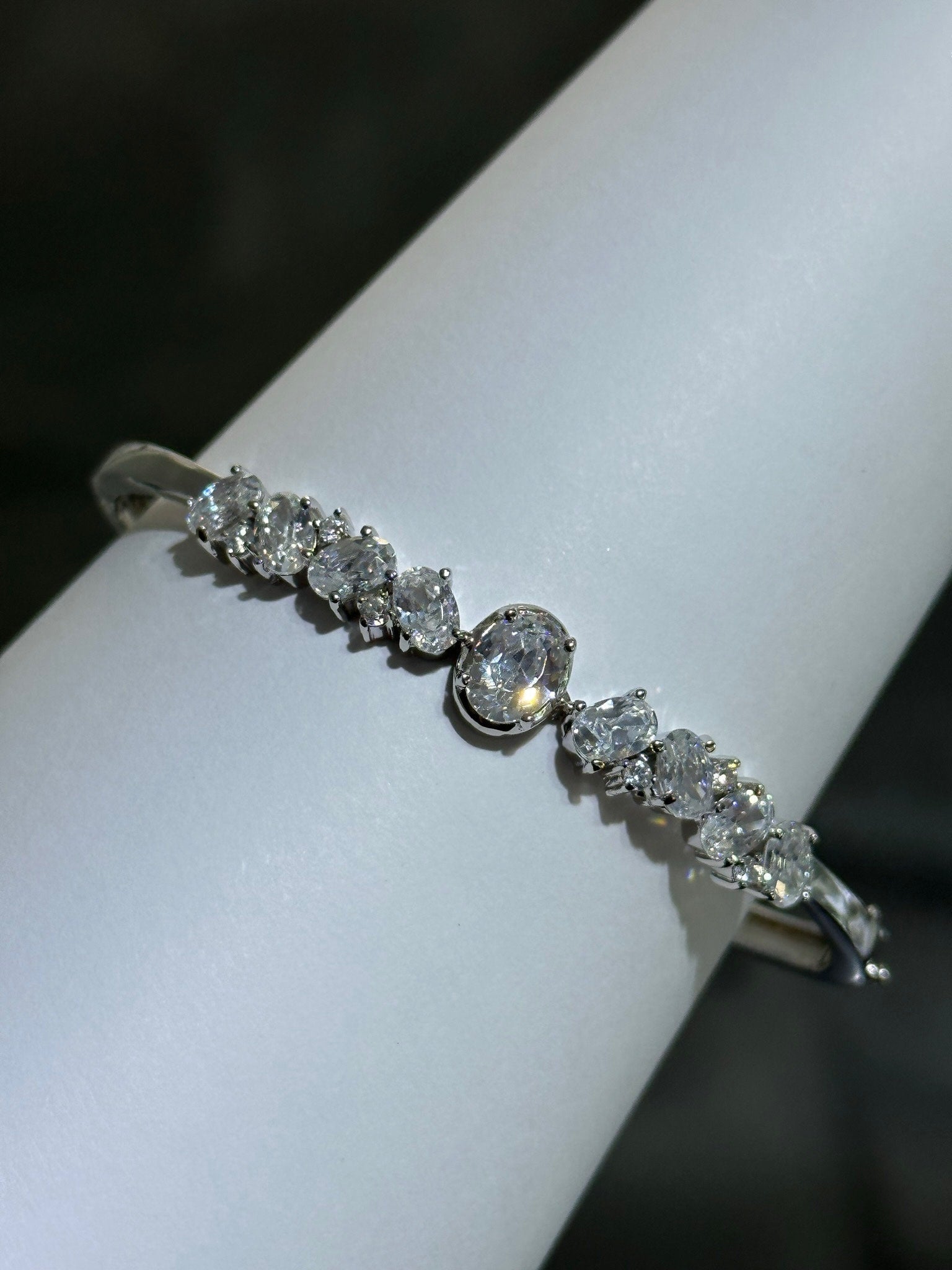 LIV Platinum Sterling Silver Pave White Sapphire Oval Stone Design Hand Made Stackable Bangle Bracelet Gift