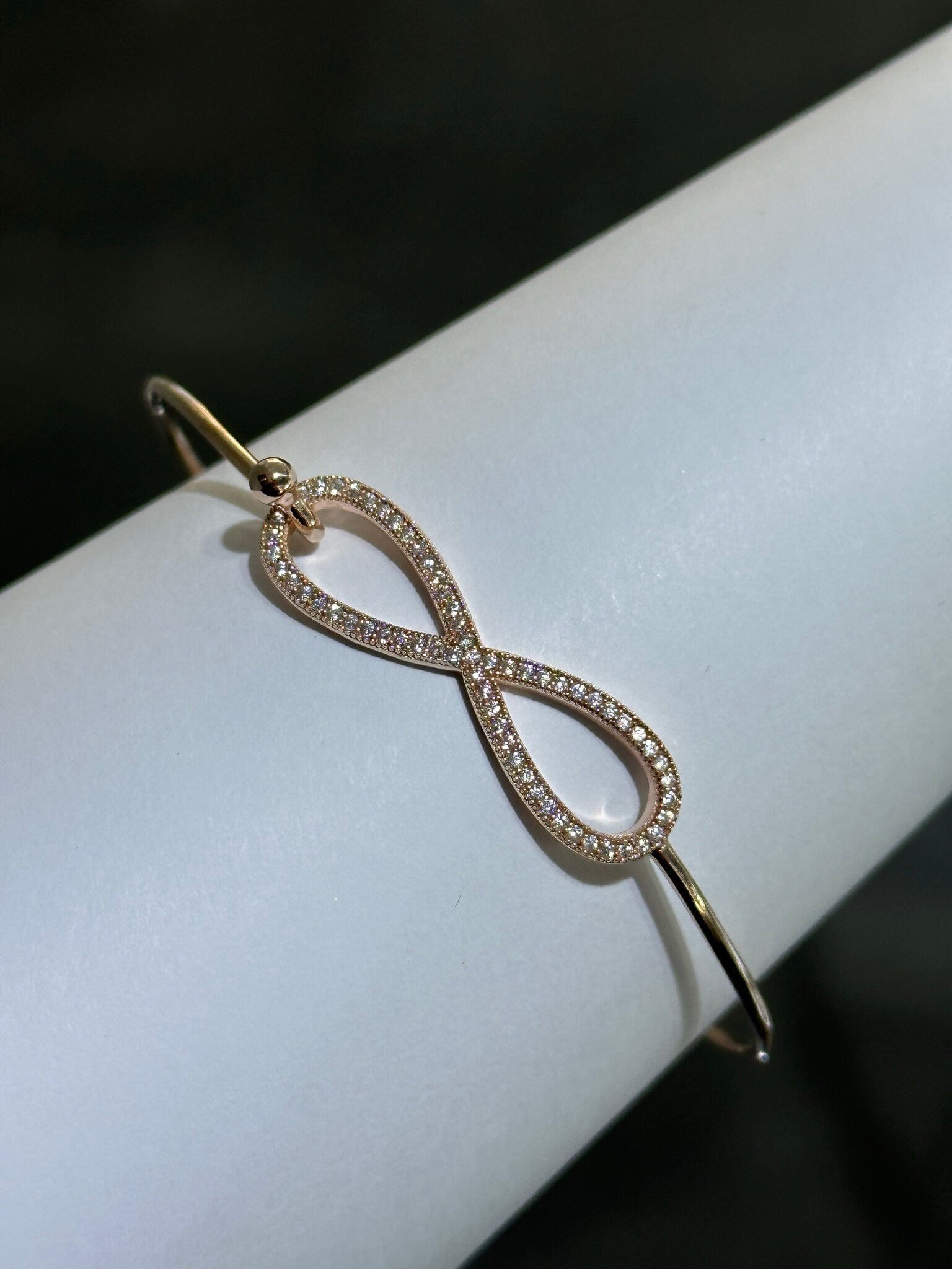 LIV 18k Rose Gold Sterling Silver Pave White Sapphire Infinity Design Hand Made Stackable Bangle Bracelet Gift