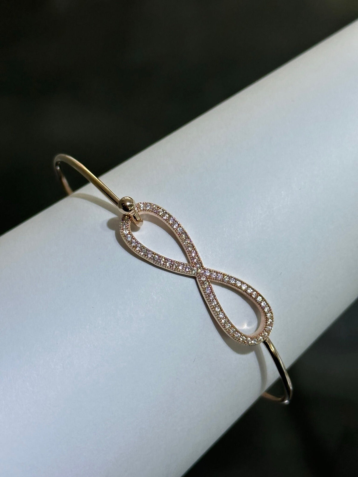 LIV 18k Rose Gold Sterling Silver Pave White Sapphire Infinity Design Hand Made Stackable Bangle Bracelet Gift