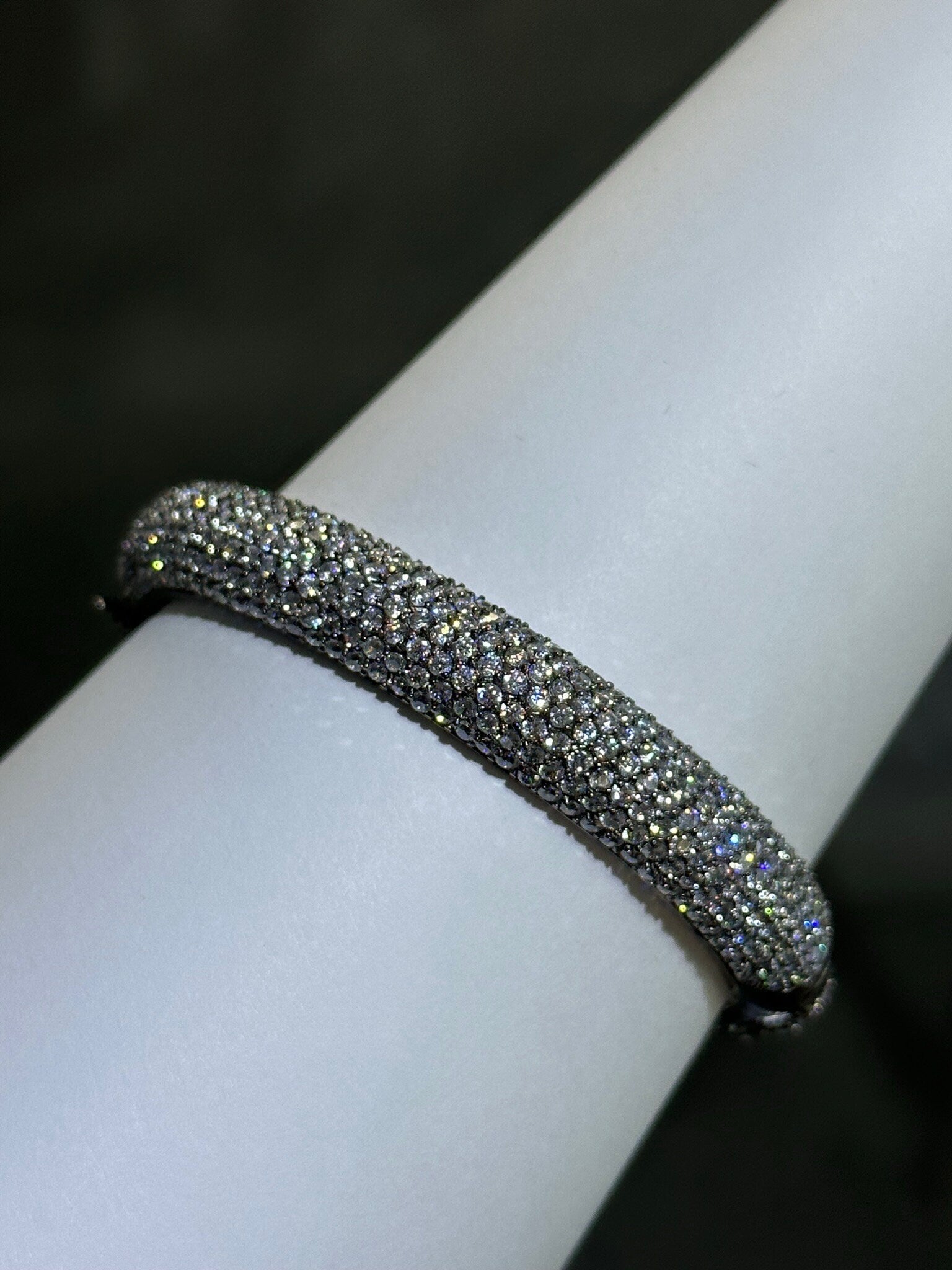 LIV 18k Black Gold Sterling Silver Pave White Sapphire Wide Eternity Chunky Design Hand Made Stackable Bangle Bracelet Gift