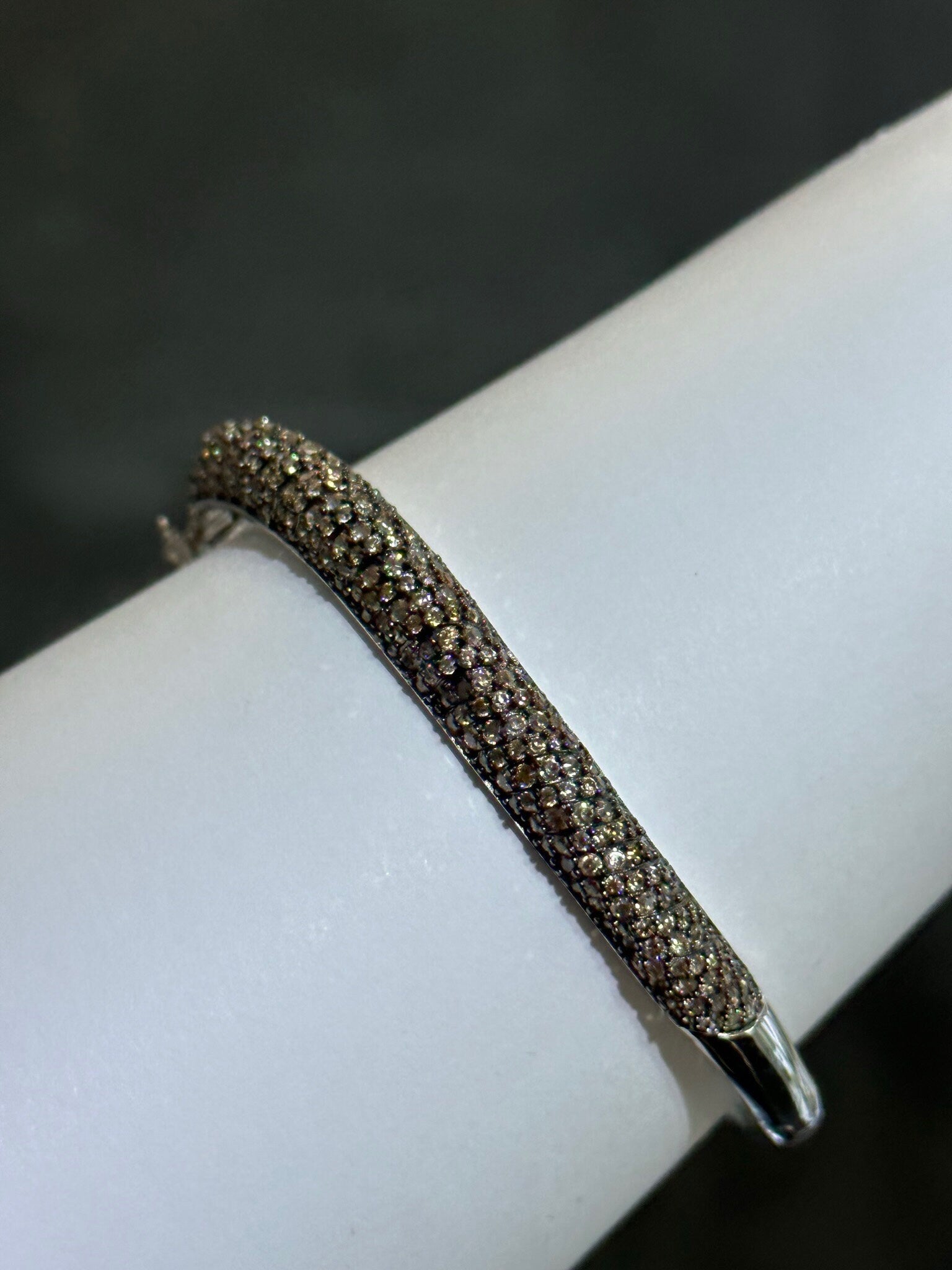 LIV Platinum Sterling Silver Pave Champagne Sapphire Twist Dome Design Hand Made Stackable Bangle Bracelet Gift