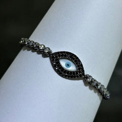 LIV 18k Black Gold Sterling Silver Black & White Sapphire Bezel Halo Design Hamsa Evil Eye Hand Made Stackable Adjustable Tennis Bracelet