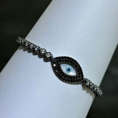 LIV 18k Black Gold Sterling Silver Black & White Sapphire Bezel Halo Design Hamsa Evil Eye Hand Made Stackable Adjustable Tennis Bracelet