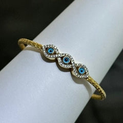 LIV 18k Yellow Gold Sterling Silver White Sapphire Bezel Halo Design Hamsa Evil Eye Hand Made Stackable Mesh Bangle Tennis Bracelet