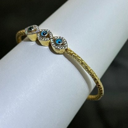 LIV 18k Yellow Gold Sterling Silver White Sapphire Bezel Halo Design Hamsa Evil Eye Hand Made Stackable Mesh Bangle Tennis Bracelet