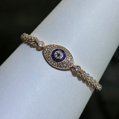 LIV 18k Rose Gold Sterling Silver  Blue & White Sapphire Bezel Halo Evil Eye Hamsa Hand Made Stackable Adjustable Tennis Bracelet