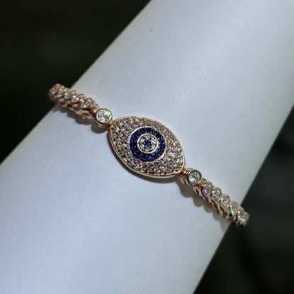 LIV 18k Rose Gold Sterling Silver  Blue & White Sapphire Bezel Halo Evil Eye Hamsa Hand Made Stackable Adjustable Tennis Bracelet