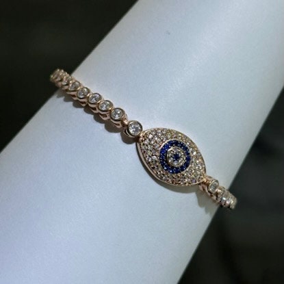 LIV 18k Rose Gold Sterling Silver  Blue & White Sapphire Bezel Halo Evil Eye Hamsa Hand Made Stackable Adjustable Tennis Bracelet