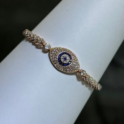 LIV 18k Rose Gold Sterling Silver  Blue & White Sapphire Bezel Halo Evil Eye Hamsa Hand Made Stackable Adjustable Tennis Bracelet