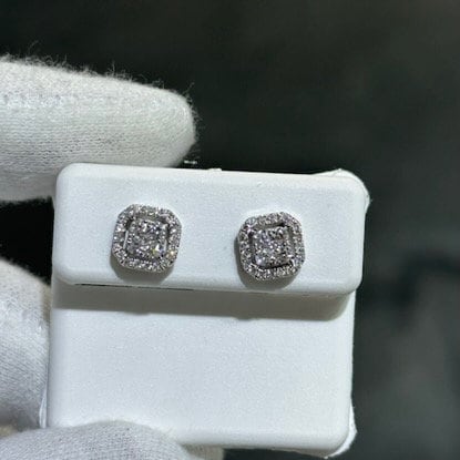 LIV 14k White Gold Natural Diamonds 0.65ct G/VS1 Pave Set Asscher Halo Design Stud Earrings Gift