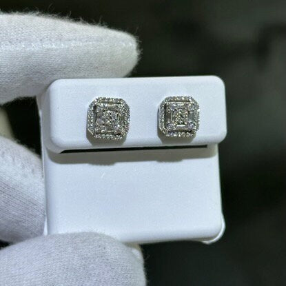 LIV 14k White Gold Natural Diamonds 0.64ct G/VS1 Pave Set Baguette Cut Asscher Halo Design Large Stud Earrings Gift