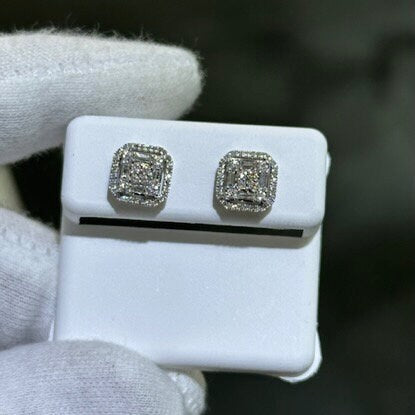 LIV 14k White Gold Natural Diamonds 0.64ct G/VS1 Pave Set Baguette Cut Asscher Halo Design Large Stud Earrings Gift