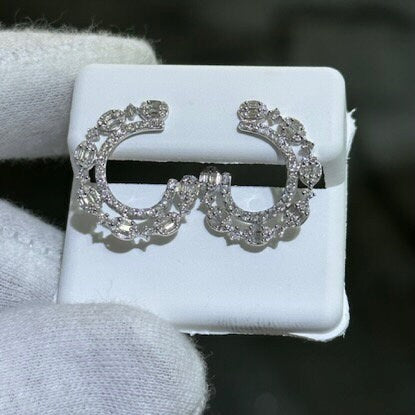 LIV 14k White Gold Natural Diamonds 1.12ct G/VS1 Pave Set Baguette Cut Climber Halo Design Stud Earrings Gift