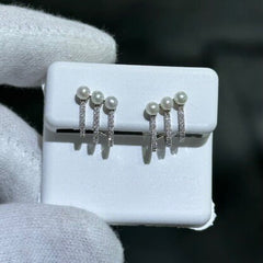 LIV 14k White Gold Natural Diamonds & Pearls 0.25ct G/VS1 Prong Set Round Cut Cuff Halo Design Stud Earrings Gift