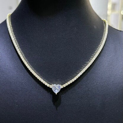 LIV 18k Yellow Gold Sterling Silver Simulated White Sapphires Heart Stone Design Choker Tennis Necklace Gift Adjustable Length