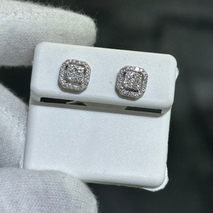 LIV 14k White Gold Natural Diamonds 0.65ct G/VS1 Pave Set Asscher Halo Design Stud Earrings Gift