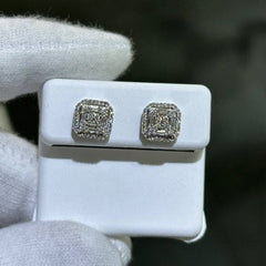 LIV 14k White Gold Natural Diamonds 0.64ct G/VS1 Pave Set Baguette Cut Asscher Halo Design Large Stud Earrings Gift