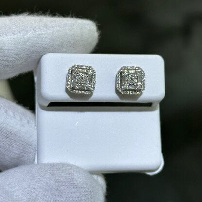 LIV 14k White Gold Natural Diamonds 0.64ct G/VS1 Pave Set Baguette Cut Asscher Halo Design Large Stud Earrings Gift