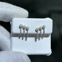 14k Solid White Gold & Diamonds Pearl Design Cuff Stud Earrings 0.12ct tw