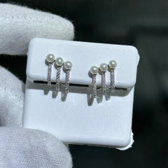 14k Solid White Gold & Diamonds Pearl Design Cuff Stud Earrings 0.12ct tw