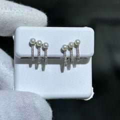 14k Solid White Gold & Diamonds Pearl Design Cuff Stud Earrings 0.12ct tw