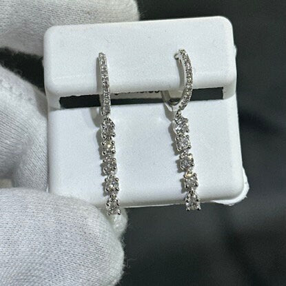 LIV 14k Solid White Gold & Diamonds Dangling Design Huggie Drop Earrings 0.96ct tw