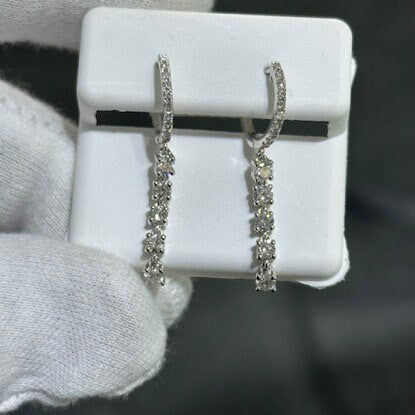 LIV 14k Solid White Gold & Diamonds Dangling Design Huggie Drop Earrings 0.96ct tw