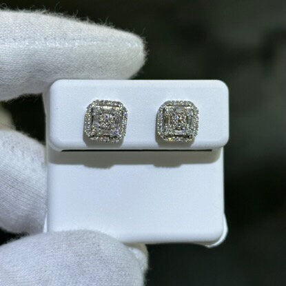 LIV 14k Solid White Gold & Diamonds Halo Design Square Stud Earrings 0.50ct tw
