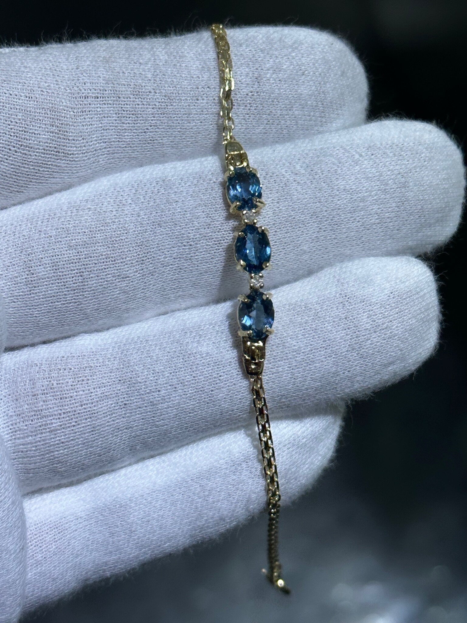 LIV 14k Yellow Gold Blue Topaz Oval Cut Design Wheat Link Stack Bracelet 7" Length