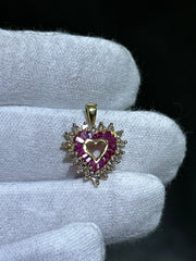 LIV 14k Yellow Gold Diamonds & Red Ruby Heart Design Charm Halo Pendant Gift