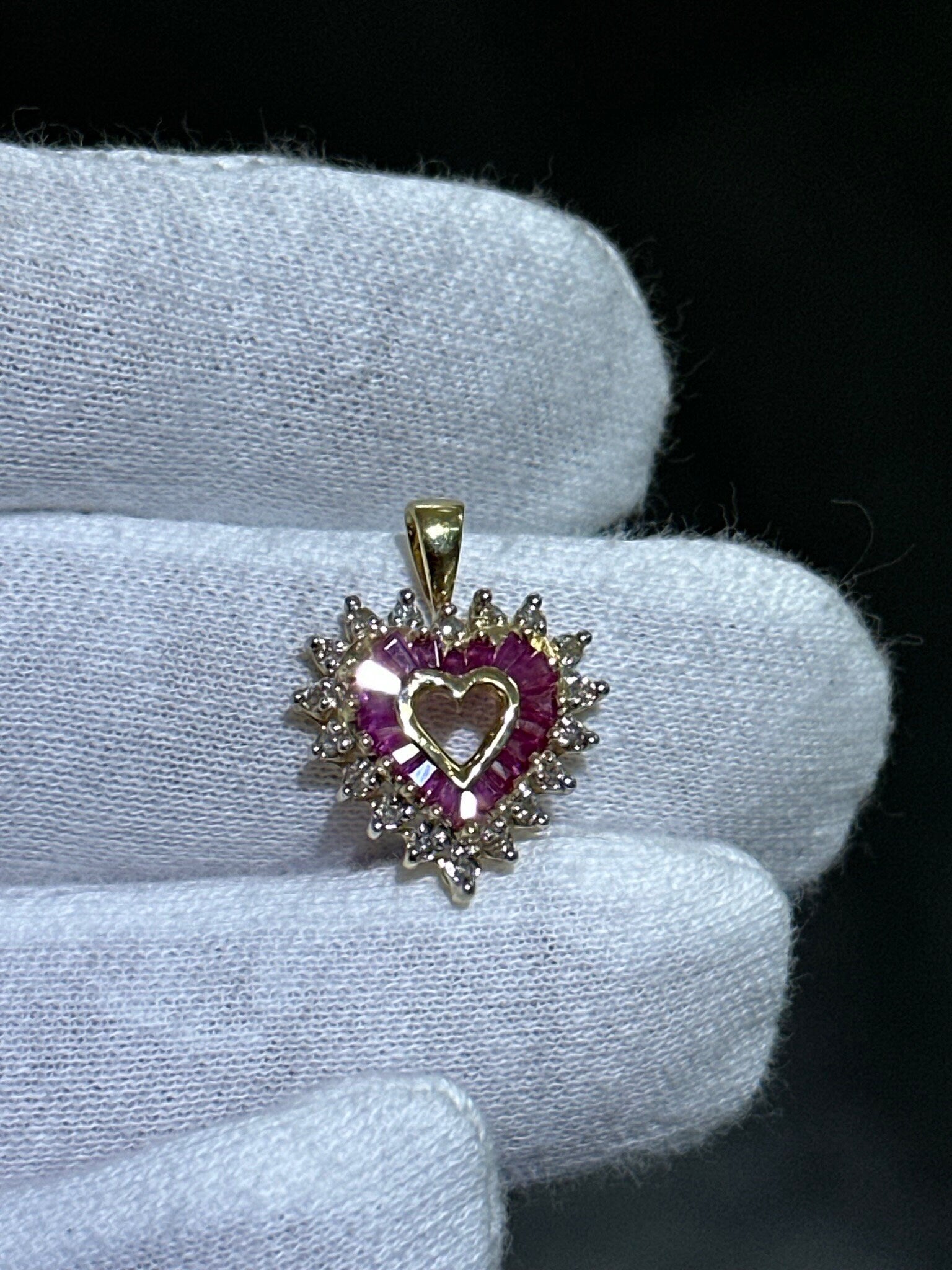 LIV 14k Yellow Gold Diamonds & Red Ruby Heart Design Charm Halo Pendant Gift