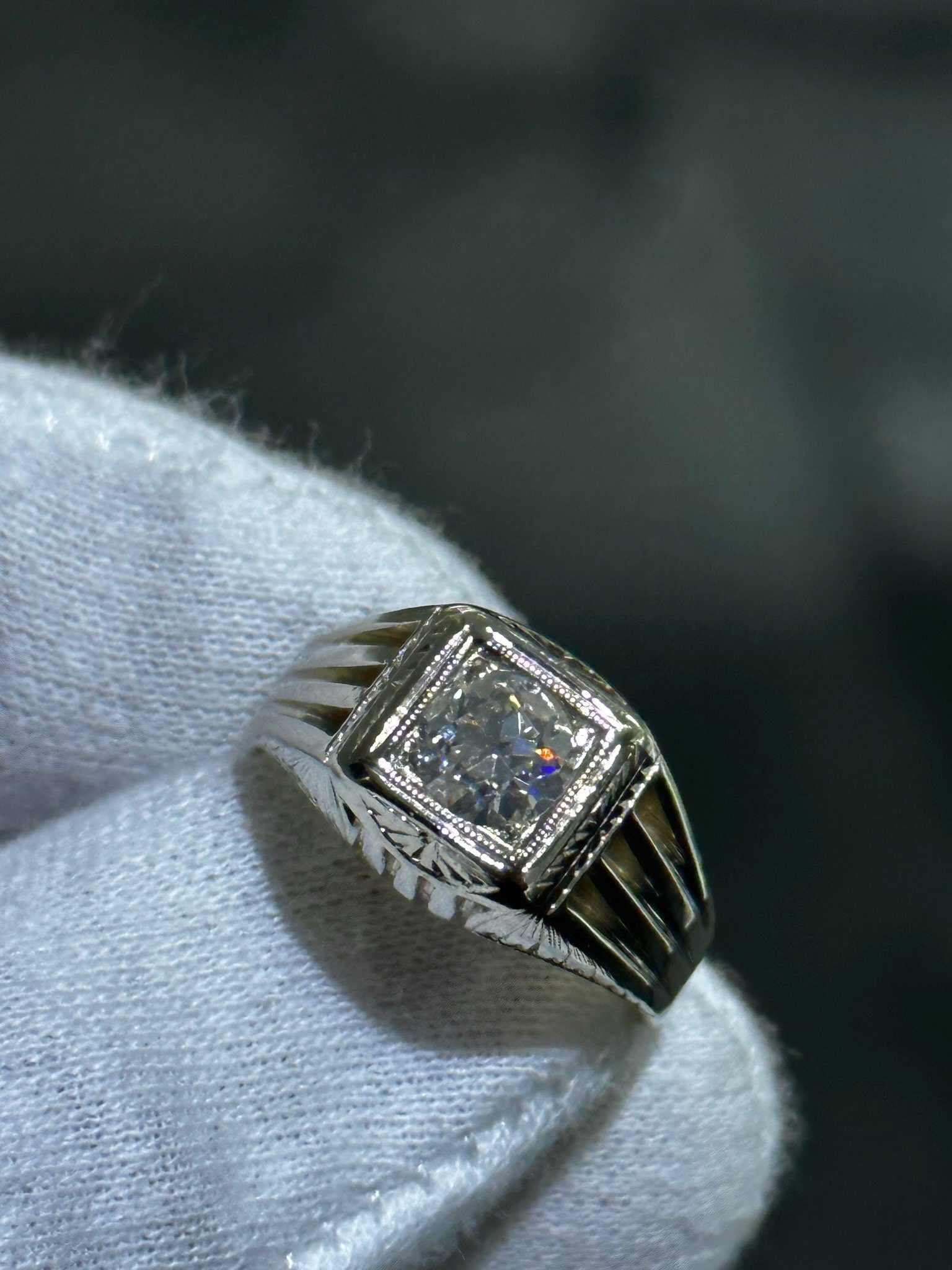 LIV 14k White Gold & Natural Diamond Vintage Halo Signet Design Men's Ring Sz 9.5