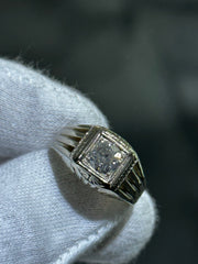 LIV 14k White Gold & Natural Diamond Vintage Halo Signet Design Men's Ring Sz 9.5