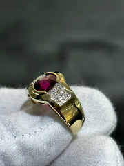 LIV 14k Yellow Gold & Natural Diamonds Vintage Halo Oval Red Ruby Design Men's Ring