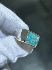 LIV Sterling Silver Blue Turquoise Rectangular Cut Men's Signet Halo Band Ring Sz 11