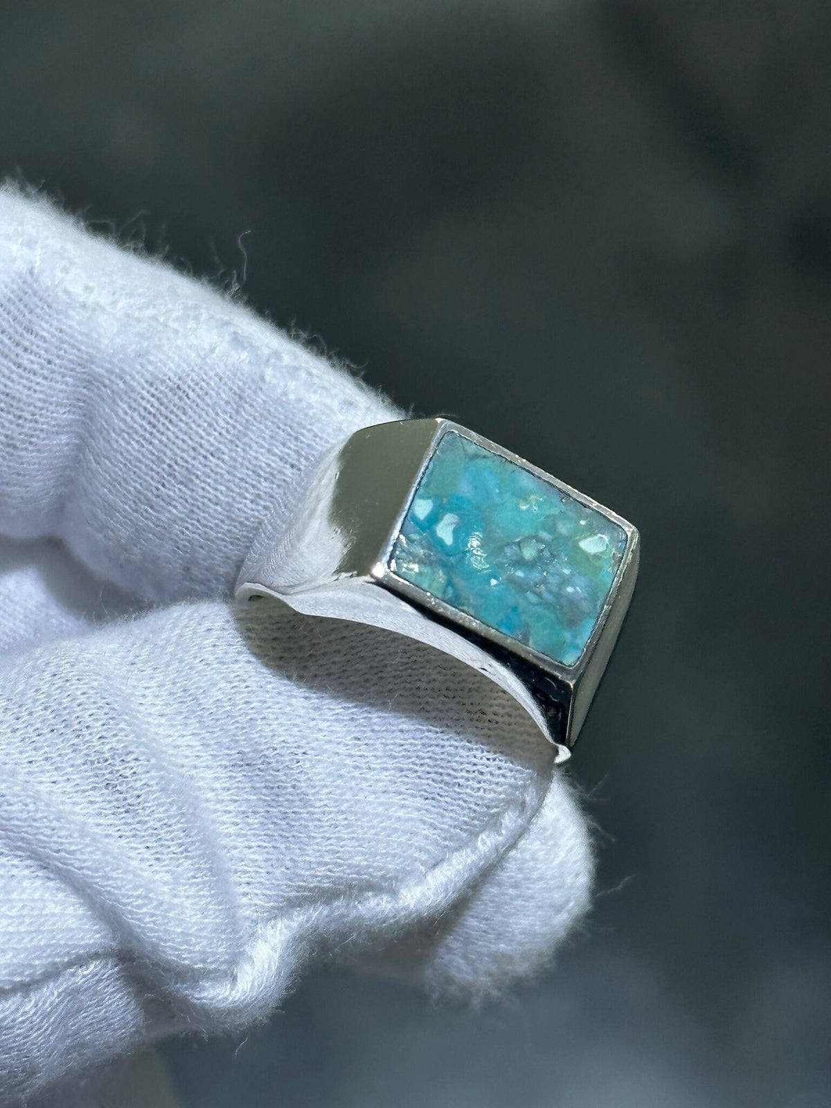 LIV Sterling Silver Blue Turquoise Rectangular Cut Men's Signet Halo Band Ring Sz 11