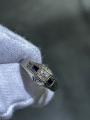 LIV 14k White Gold Diamonds & Blue Sapphire Vintage Engagement Band Ring Sz 9 Gift