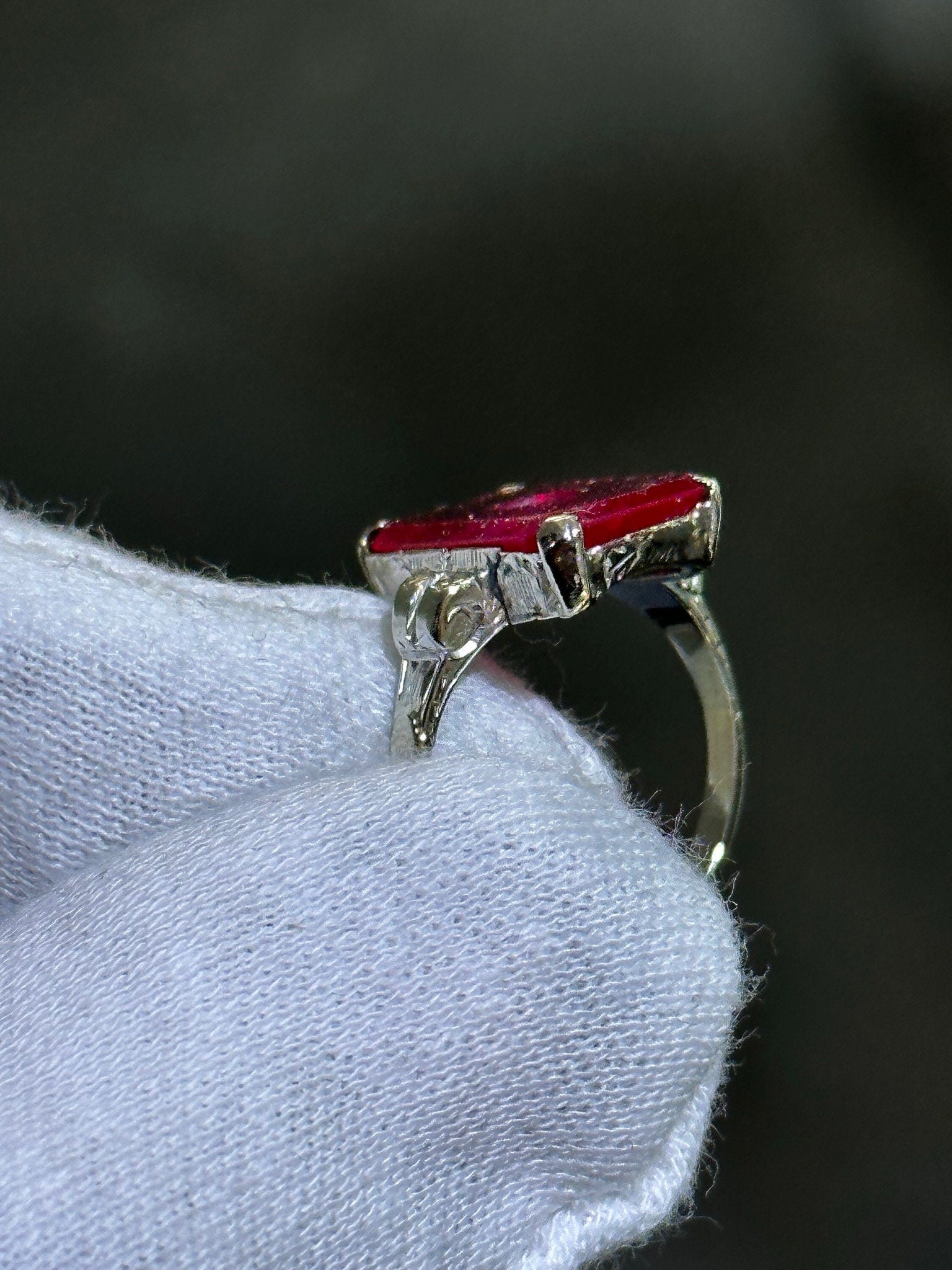 LIV 14k White Gold Red Rubelite Emerald Cut Halo Vintage Band Ring Size 5 Gift