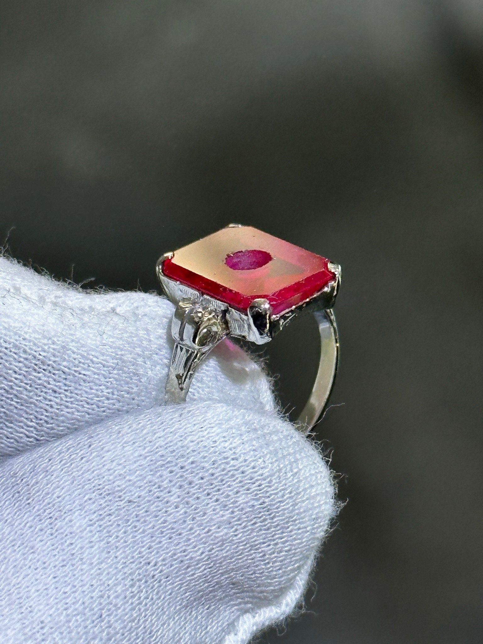 LIV 14k White Gold Red Rubelite Emerald Cut Halo Vintage Band Ring Size 5 Gift